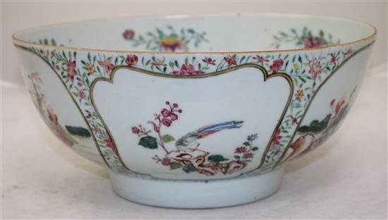 A Chinese famille rose European subject punch bowl, Qianlong period, diameter 31.5cm, hairline cracks
